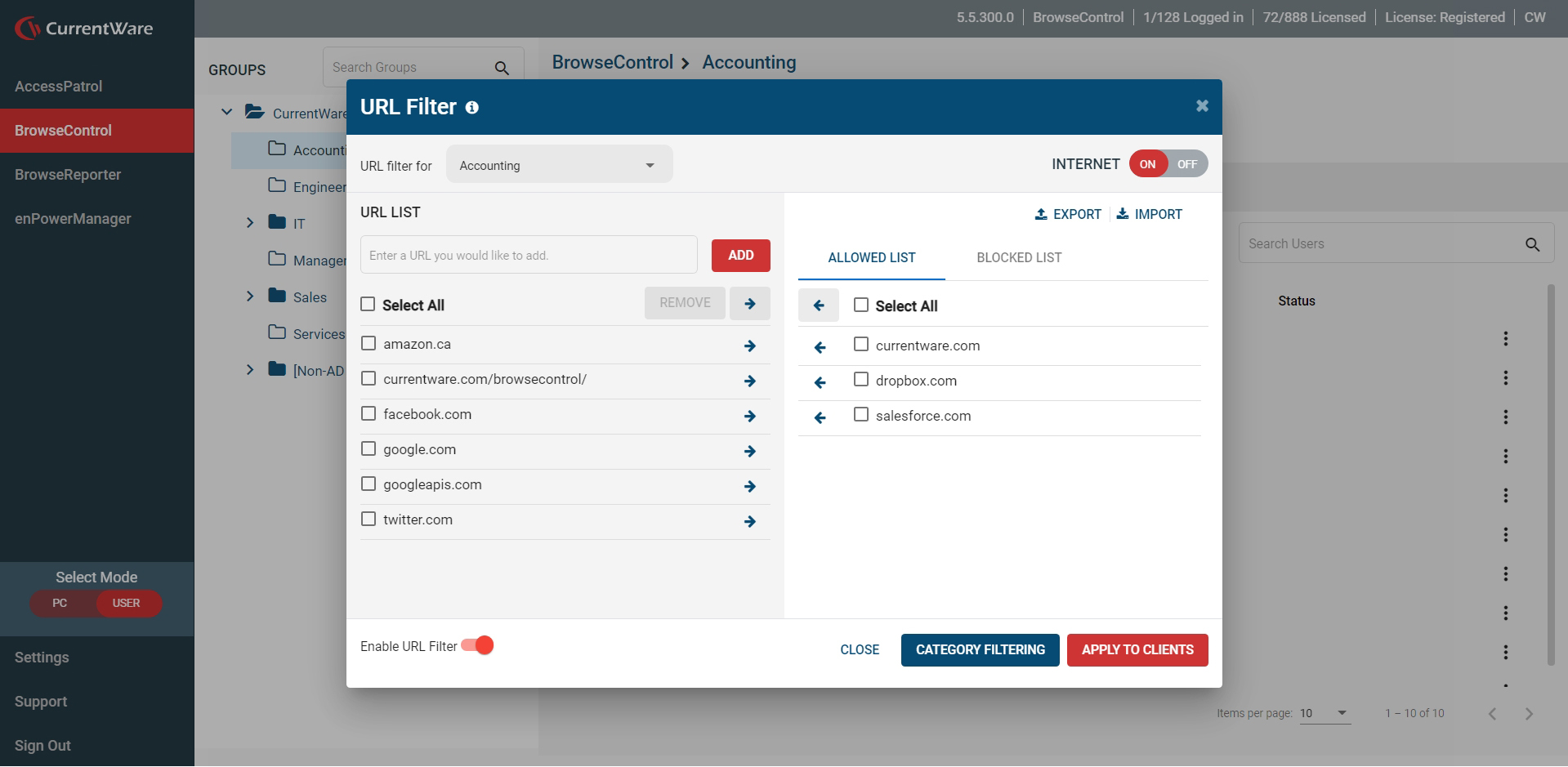 Screenshot of website URL allowed list window from BrowseControl, web content filtering software