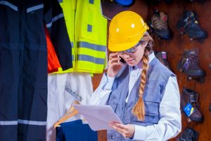 Female construction worker wearing a yellow hard hat while talking on smartphone.
