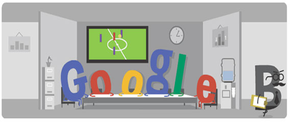 Google logo with the letters watching a football match in their office.