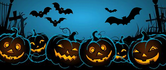 Graphic illustration of pumpkins and jack-o-lanterns in a graveyard.