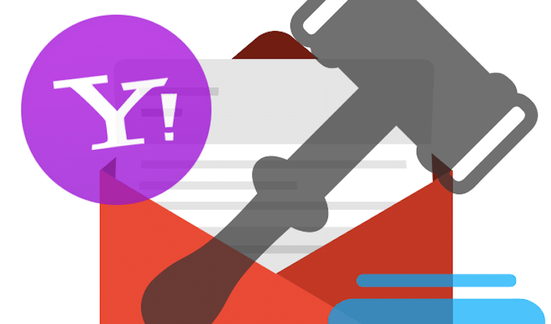 Yahoo! logo with a graphic design of an envelope and gavel.