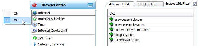 Allowed list and Blocked list showing how to block Internet access for employees