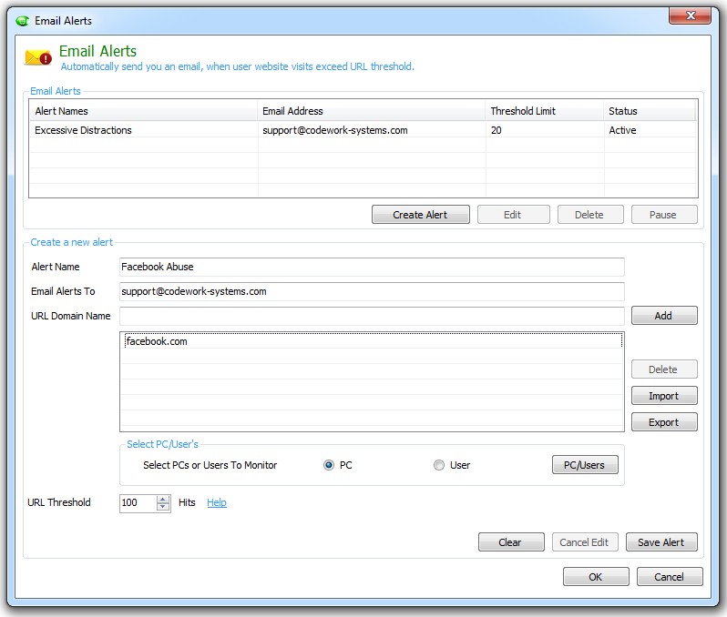 CurrentWare BrowseReporter email alerts console with an alert configured for excessive distractions.