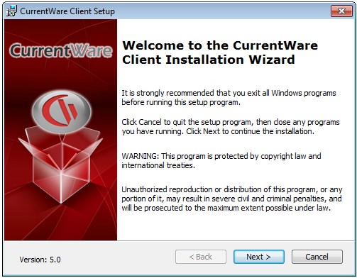 CurrentWare client setup console with the welcome message displayed.