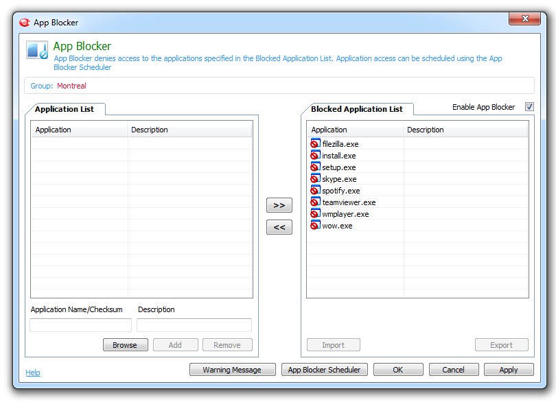BrowseControl app blocker console open wiht a number of applications added to the blocked application list.