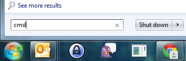 Windows search bar with cmd typed in it.