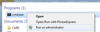 Windows cmd.exe program highlighted with the run as administrator option selected.