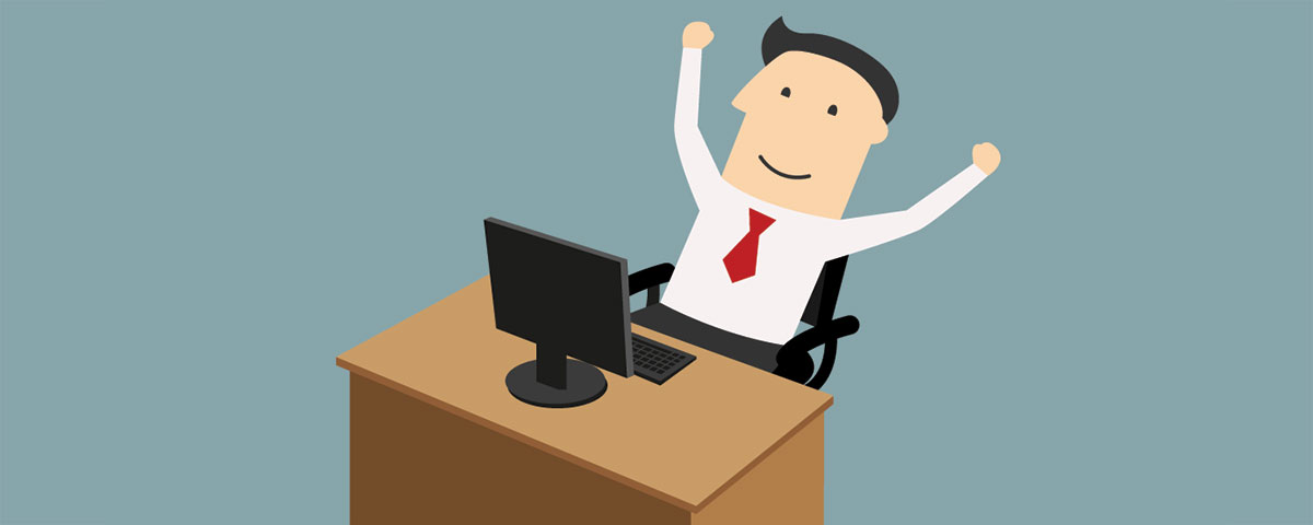 Graphic of an excited office employee in a white dress shirt behind a computer desk