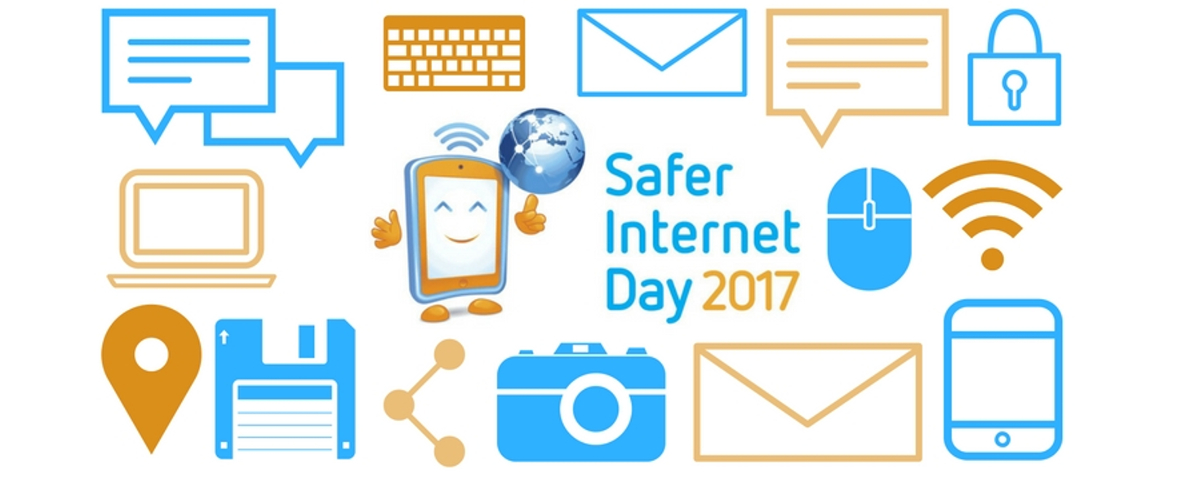 Safer Internet Day 2017 graphic designs of technology devices such as computers, phones and cameras.