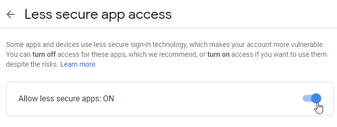Gmail less secure app access option with Allow less secure apps turned on.