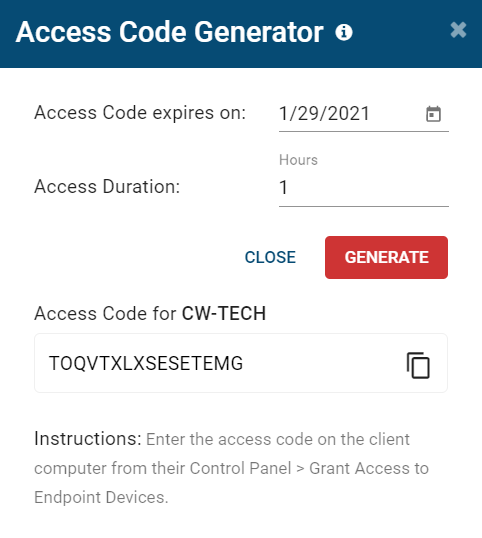  zrzut ekranu generatora kodów dostępu AccessPatrol, aby tymczasowo włączyć urządzenia USB