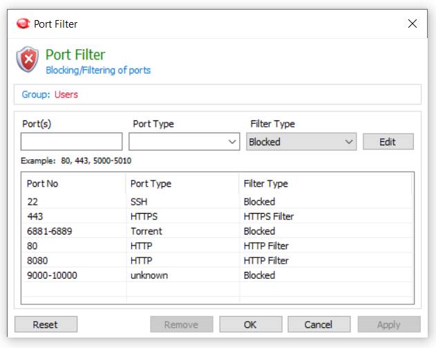 A screenshot of BrowseControl's port filter