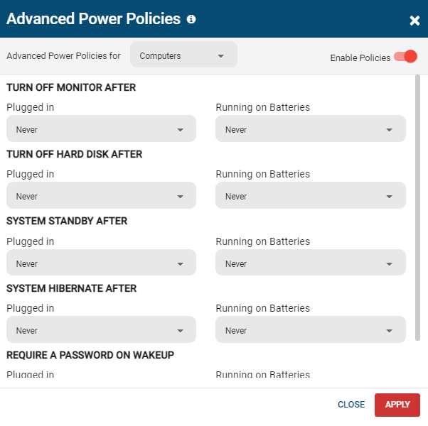 Screenshot of enPowerManager's Advanced Power Policies feature. Has settings for turning off monitors, hard disks, and more