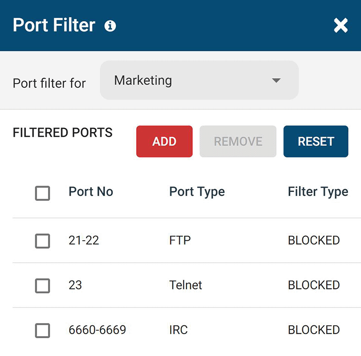 Screenshot of BrowseControl's Port Filter for blocking TCP/UDP ports