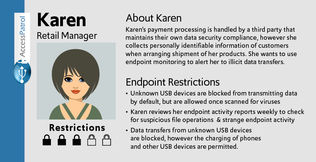 Image: Endpoint Security Persona for Karen who works as a retail manager. The paragraph below is the same as what is on the image.