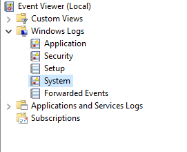 The Windows Logs drop-down menu found in Event Viewer