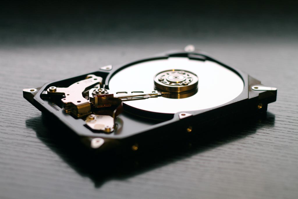 A picture of the platters inside a hard drive