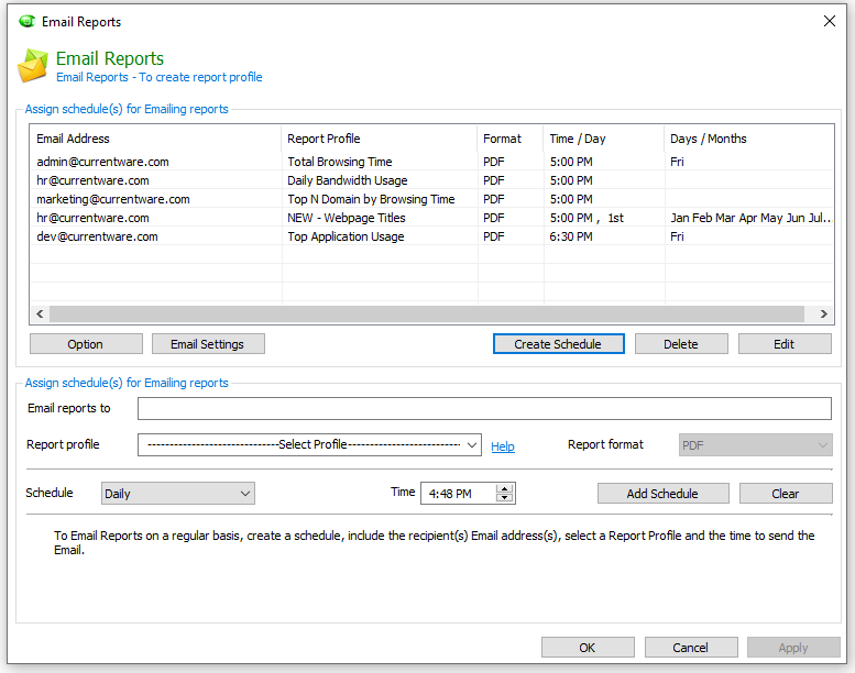 Screenshot of the email reports screen. BrowseReporter employee monitoring software