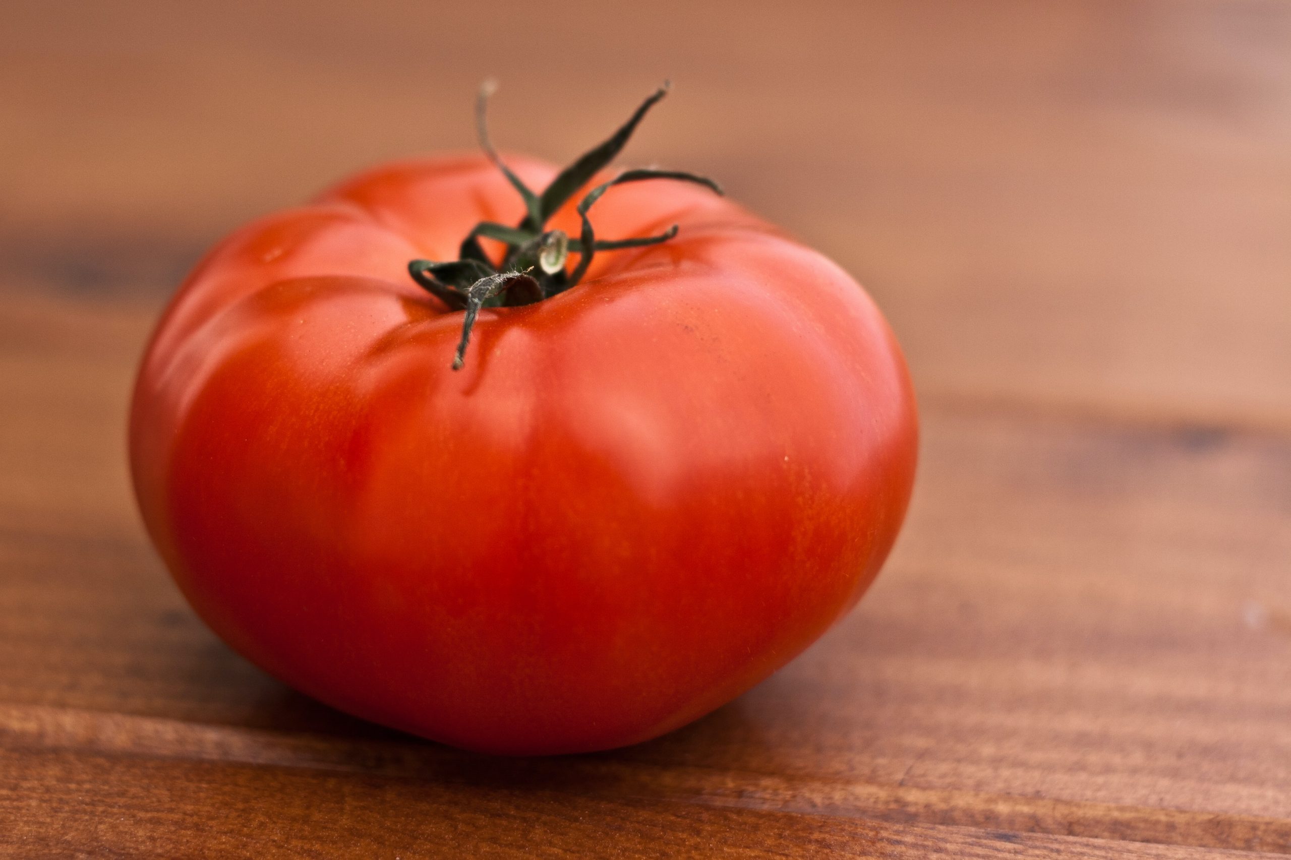 A tomato on a dark wooden table