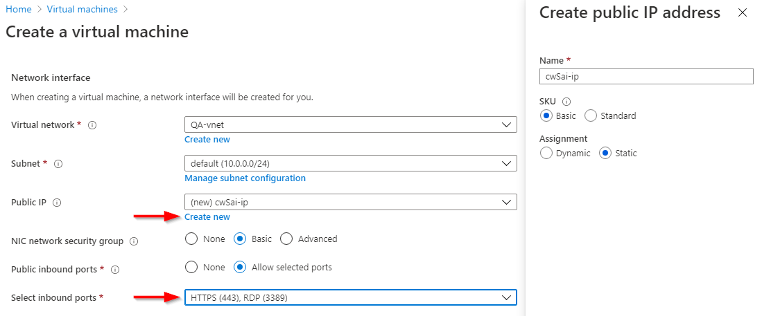 Microsoft Azure Cloud Network interface menu. Public IP and Select Inbound Ports are highlighted