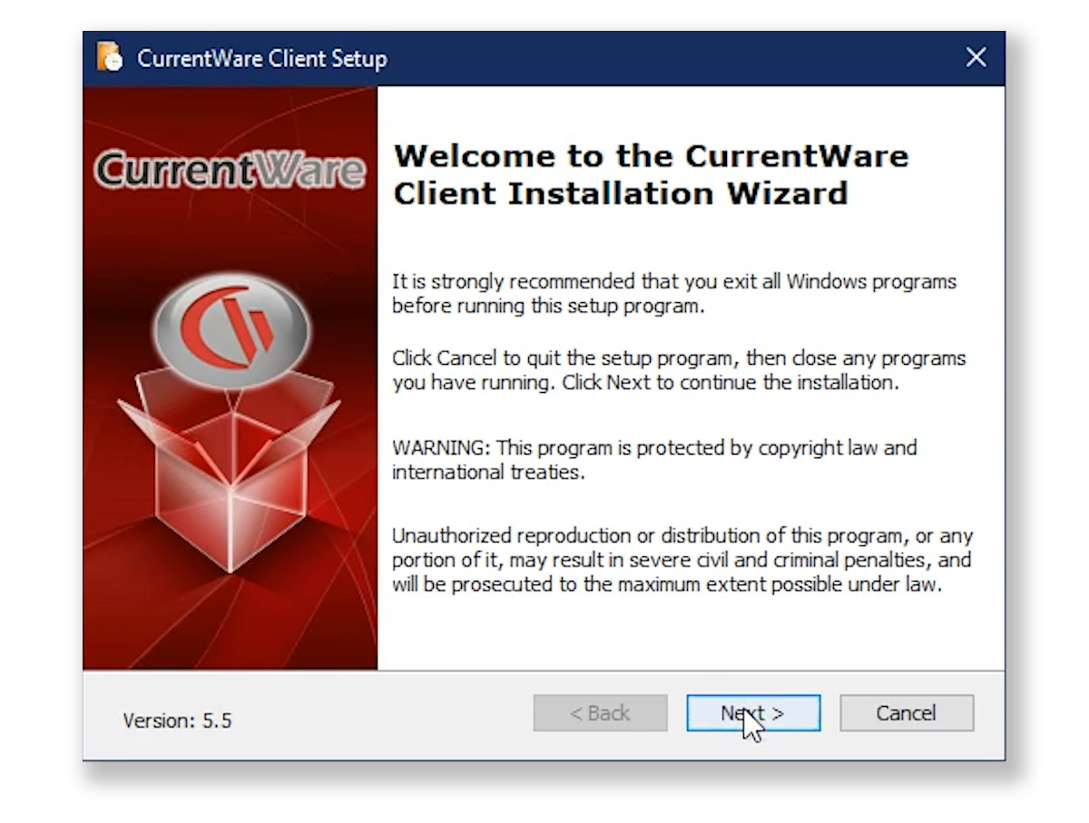 Screenshot of the CurrentWare installation window