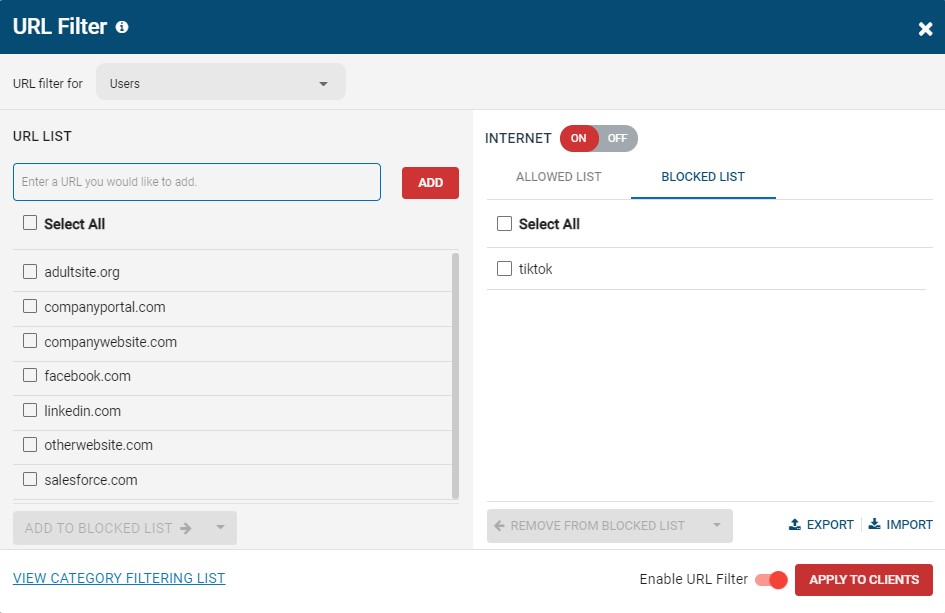 BrowseControl web filtering software blocking TikTok with URL filter