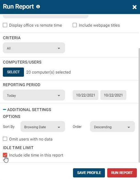 BrowseReporter run report window with "Enable idle time in this report" selected