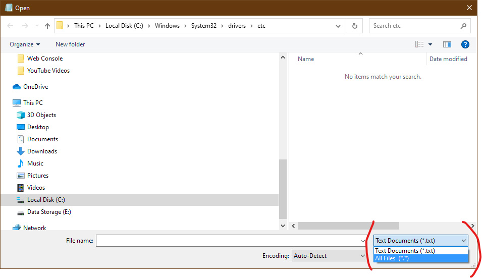 Screenshot of the Notepad "Open" process. Windows File Explorer with "All Files (*.*) selected as the visible filetype