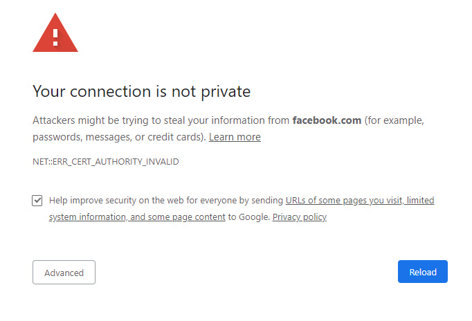 Google Chrome screenshot. Error message: "Connection Not Private"