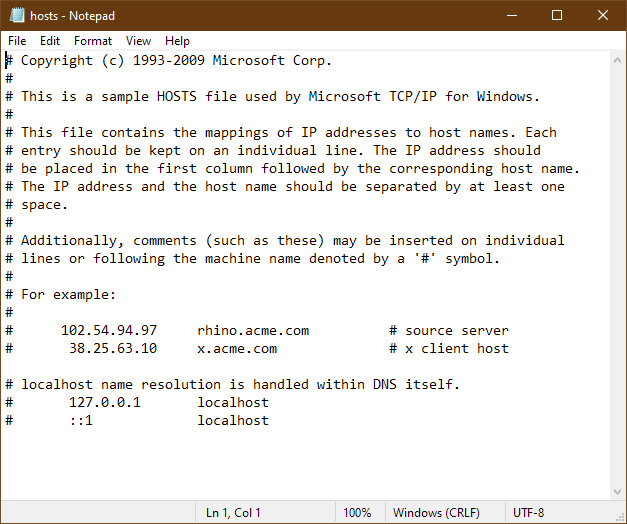 Screenshot of the Windows hosts file open in Notepad