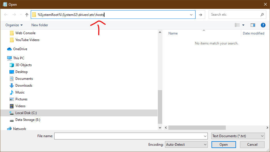 Windows File Explorer with the path to the hosts file in the address bar: %SystemRoot%\System32\drivers\etc