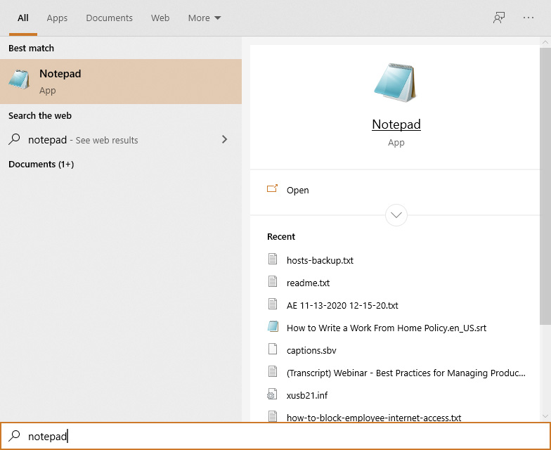 Windows start menu. Notepad has been entered into the search box and the Notepad program is highlighted