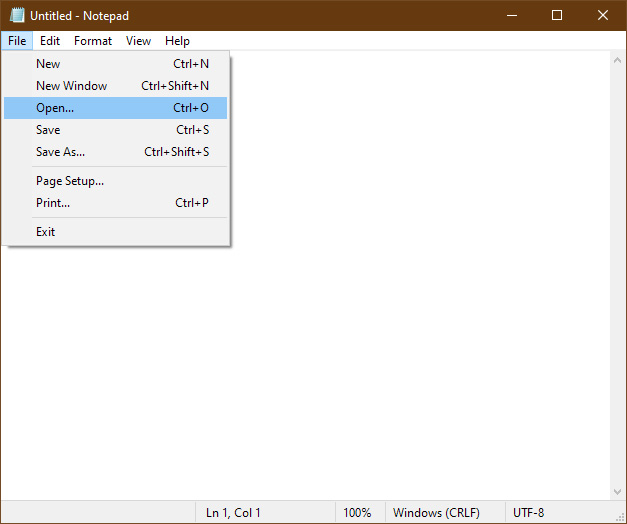Screenshot of the Notepad file menu. The "Open" command is highlighted