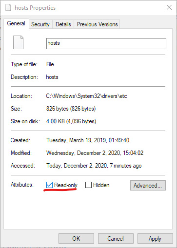 Properties dialogue box for the hosts file. The "Read Only" attribute box is highlighted