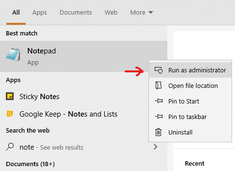 Windows start menu. Notepad is right-clicked. Next to it is a context menu with "Run as administrator" highlighted