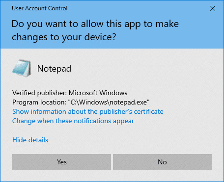 User Account Control dialogue box for Notepad. It says "Do you want to allow this app to make changes to your device?"