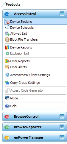 AccessPatrol menu with Device Blocking highlighted