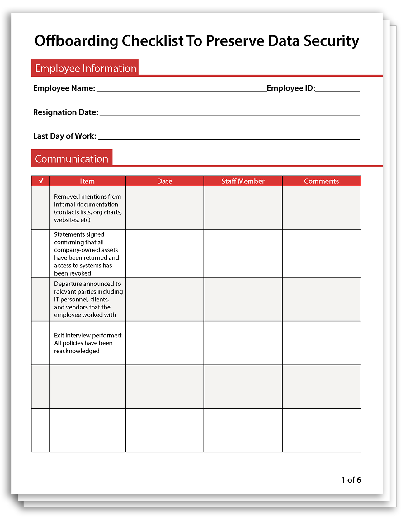 employee offboarding checklist with fields for employee information, checkboxes, date, signature, and comments.