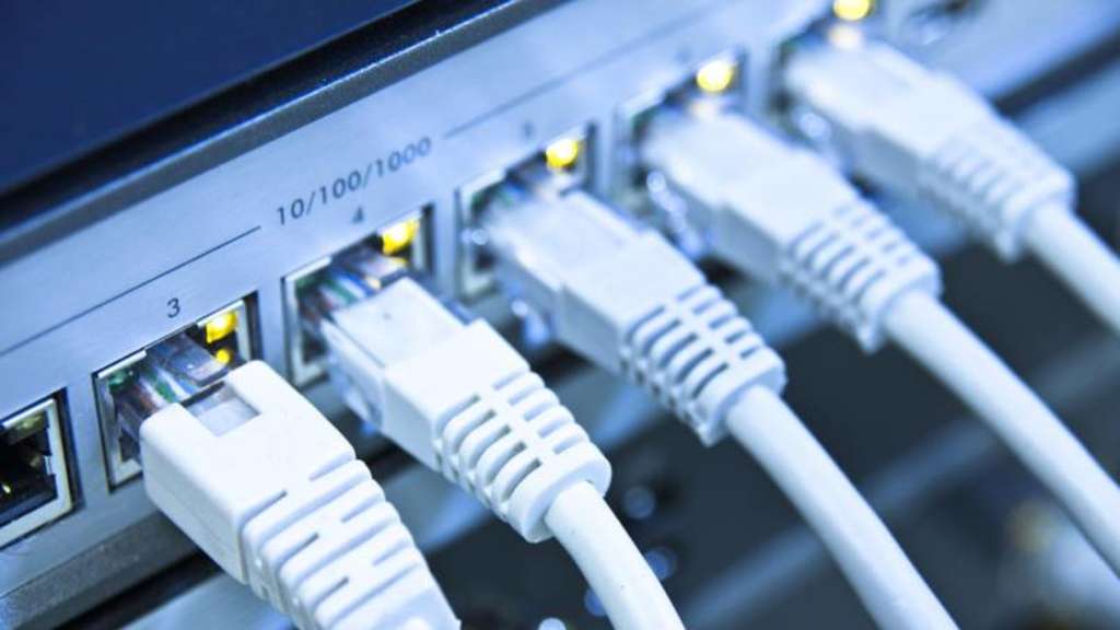 Ethernet cords going into a network hub
