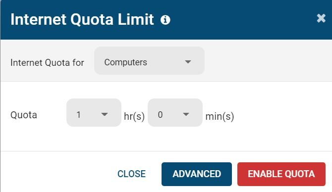 BrowseControl internet quota limit screenshot with the quota set to 1 hour