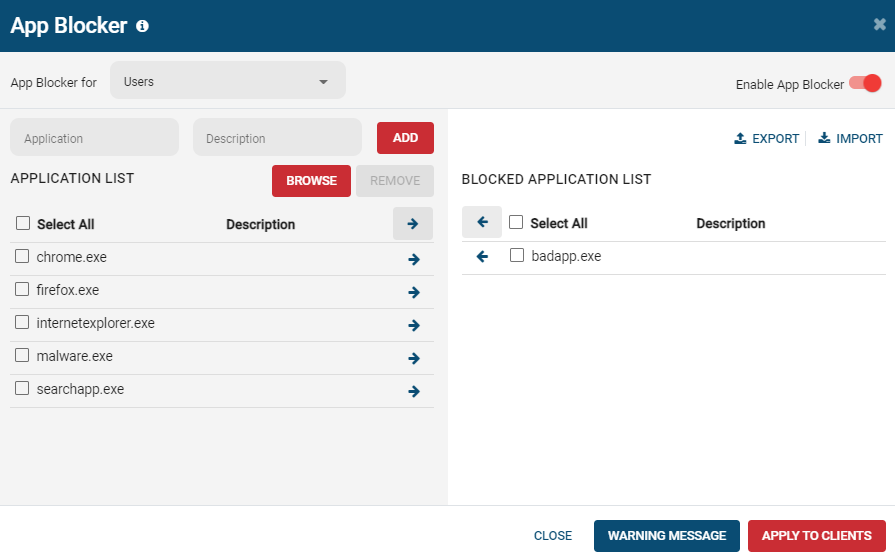 screenshot of BrowseControl's application blocker