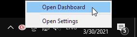 CurrentWare client agent icon shown in system tray of desktop computer. A context menu with "Open Dashboard" and "Open Settings" is shown