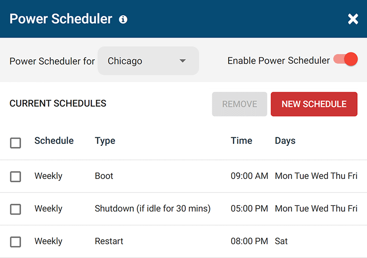 Screenshot of enPowerManager's PC power schedule with weekly boot, restart, and shutdown events scheduled