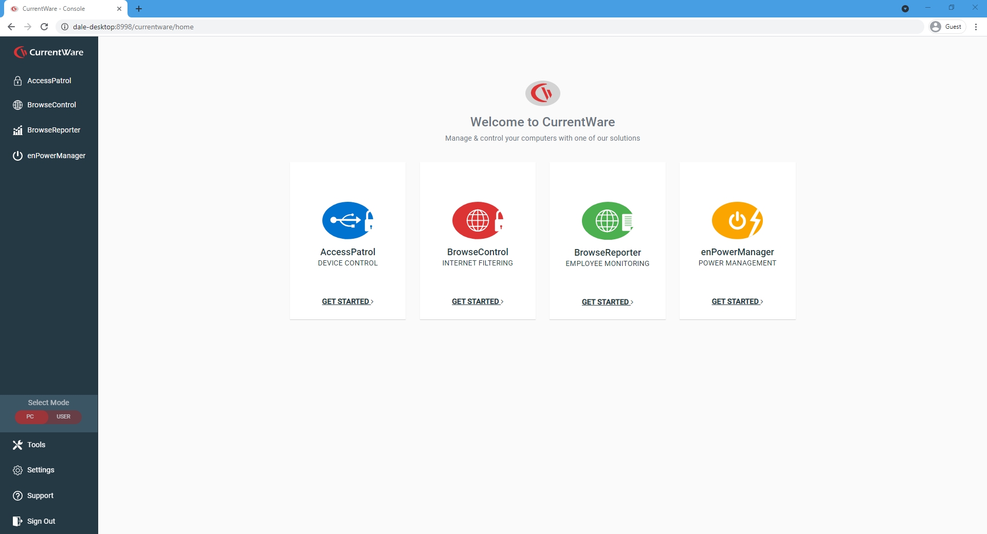 CurrentWare console main screen with AccessPatrol, BrowseControl, BrowseReporter, and enPowerManager 