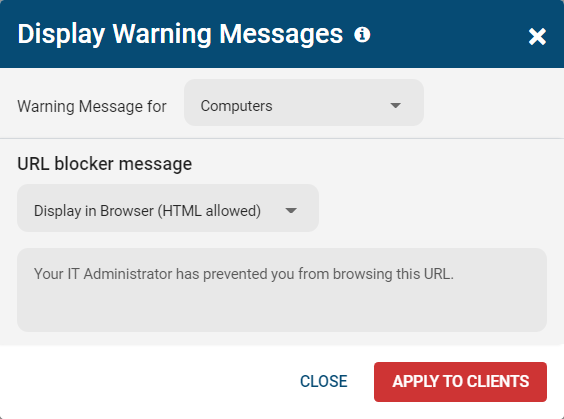Screenshot of BrowseControl Display Warning Message window. A message is set to appear when a user visits a blocked website.
