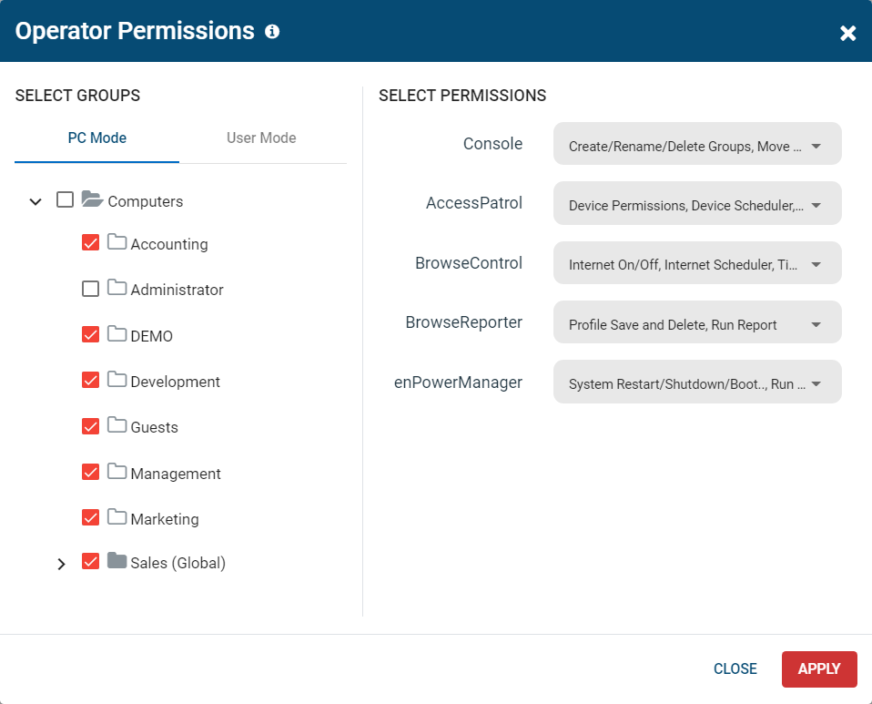 Screenshot of CurrentWare's operator permissions with limits on what the user can access in the console