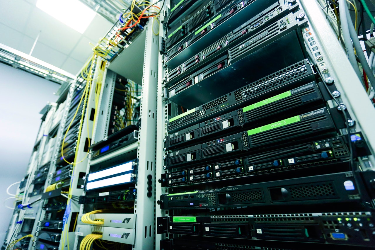 A rack of servers, inline web filter, and other network hardware