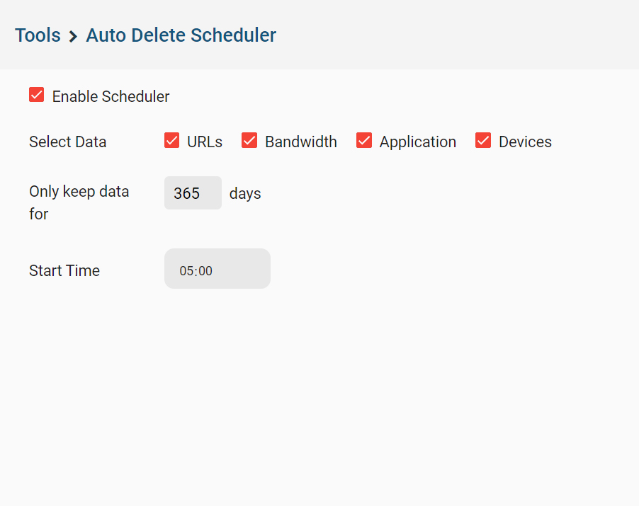 CurrentWare auto delete scheduler with checkboxes for URLs, applications, bandwidth, and device data