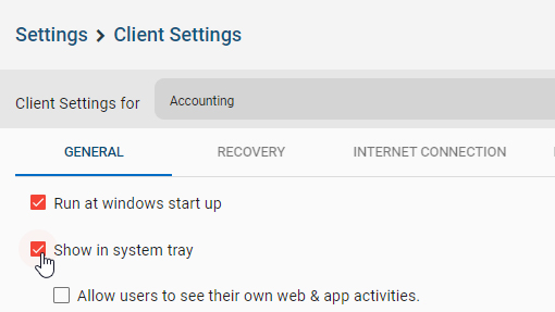 BrowseReporter client settings for employee monitoring - show in system tray selected