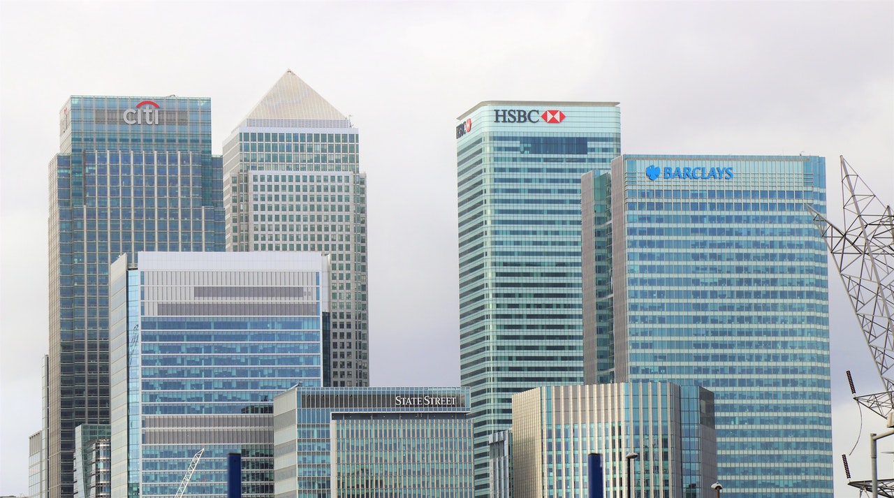 City skyline with bank buildings: HSBC, CITI, and Barclays
